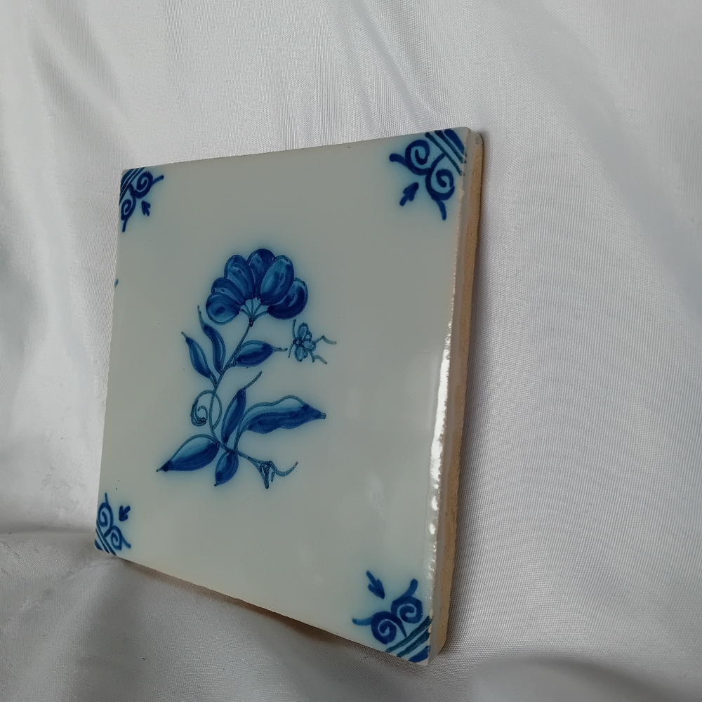 Antique Delft Blue Handpainted Floral Ceramic Tile 5" - Picture 2 of 7
